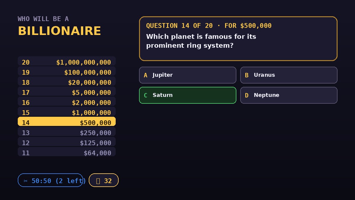 Who Will Be a Billionaire, free online money ladder quiz game