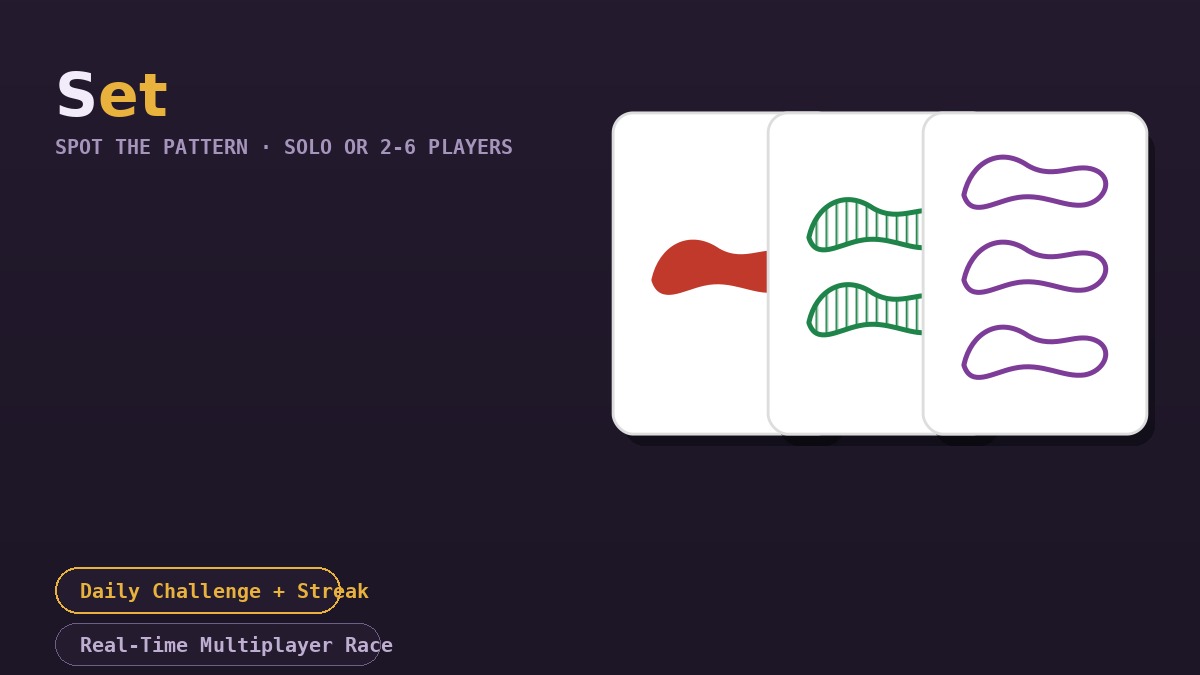 Set, free online pattern-matching card game with daily challenge and multiplayer