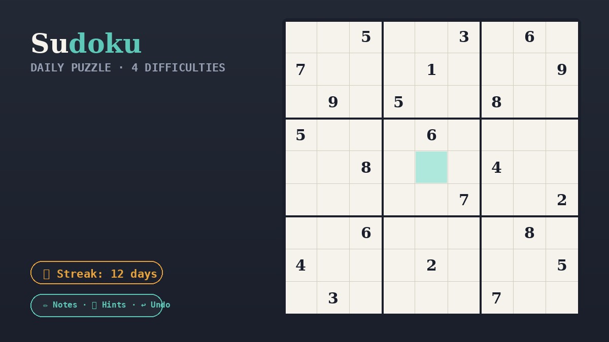 Sudoku, free online daily puzzle with four difficulty levels